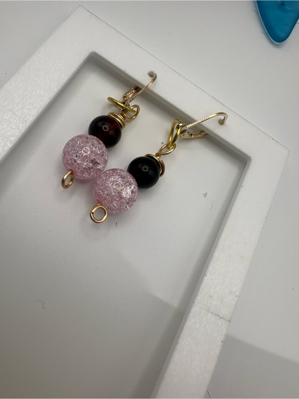 Gold-Tone Pink Crackle & Black Bead Drop Earrings
